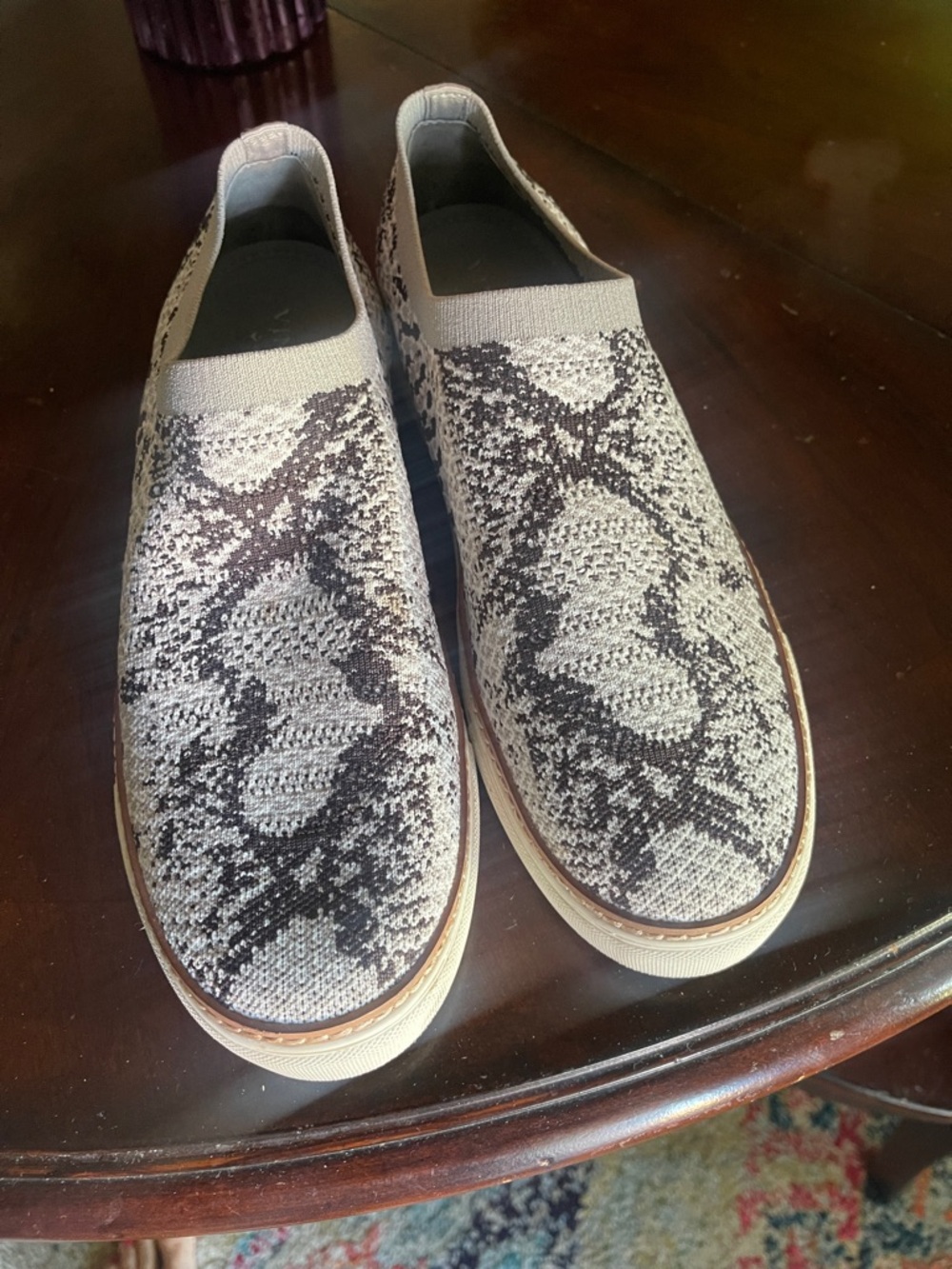Vince Camuto Beige and Brown Snake-Print Knit Slip-On Sneakers